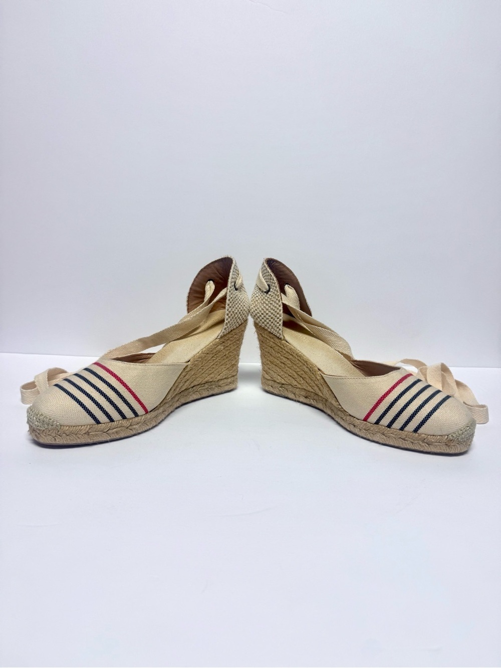 Soludos Canvas Espadrille Wedge with Ribbon Tie - Cream with Navy & Red Stripes - Picture 4 of 6